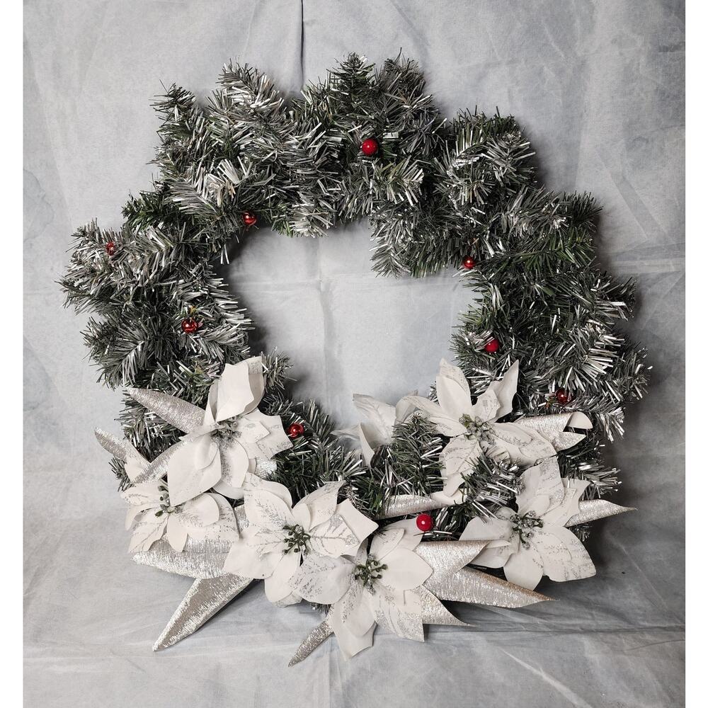 Gorgeous Winter Christmas Wreath for Front Door White Flowers Silver Ribbon 21"